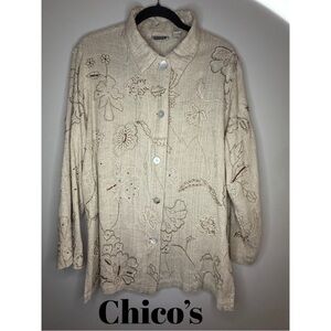 Chico’s Beige Linen Embroidered Shirt Jacket Boho Floral Oversized Button Down